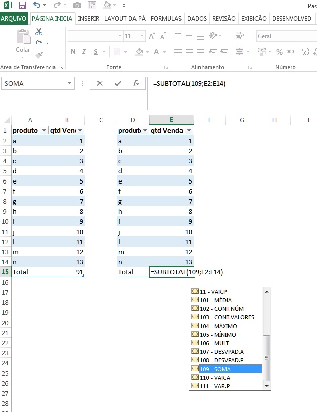 Somando apenas linhas visíveis no Excel - função SUBTOTAL()