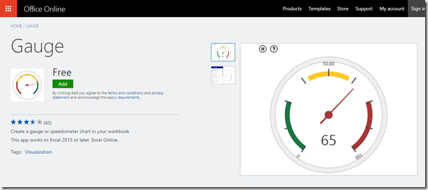 Free Gauge Control: This app works in: Excel 2013 or later, Excel Online.